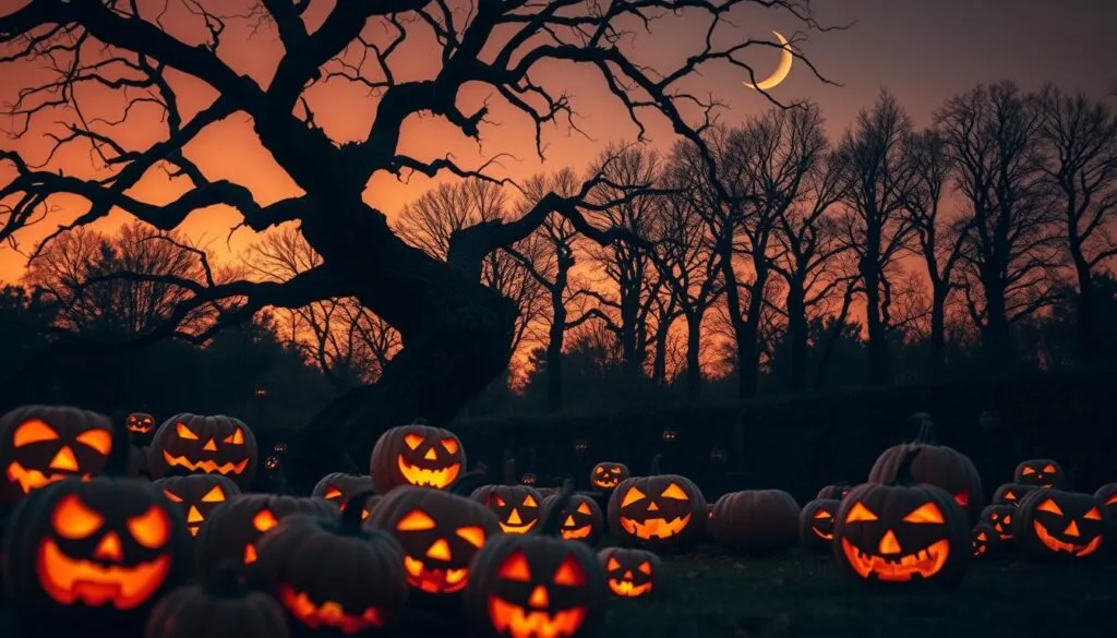 Halloween Gartendekoration mit geschnitzten Kürbissen